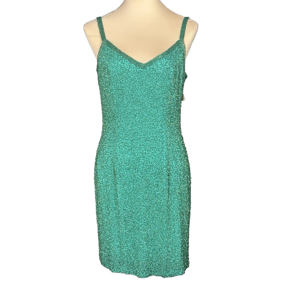 NWT Sexy Black Tie Oleg Cassini Dress Kelly Green Beaded Silk Vintage Cocktail 6